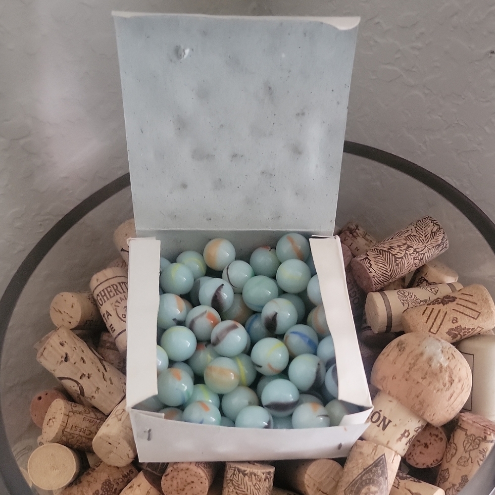 ​Vintage Lion Ball Glass Marbles Set - Original Box - Blue Milky Swirls 1970s/80